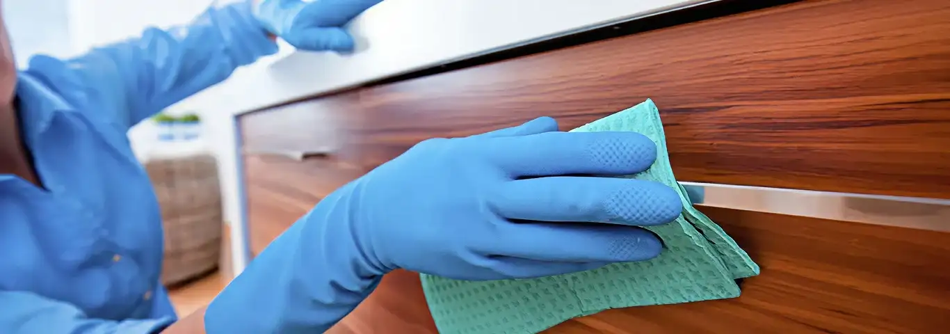 Cleaner wearing blue gloves wiping a wooden cabinet drawer with a microfiber cloth for dust and grime removal, Cleveland, OH.