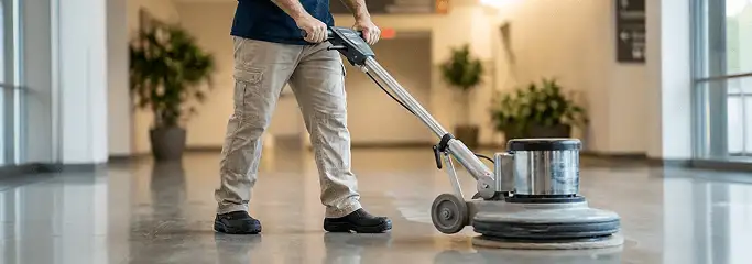 Professional technician using an industrial floor buffer to polish and maintain shiny commercial flooring in a corporate hallway in Cleveland, OH.