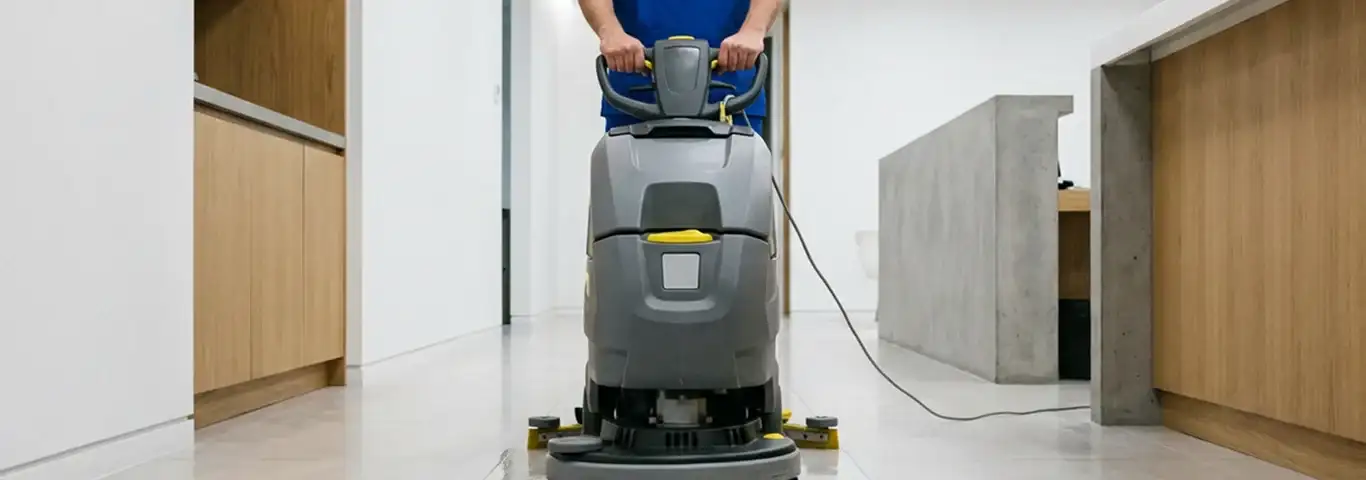 Janitorial staff using a floor scrubber machine to clean a commercial hallway, Cleveland, OH.
