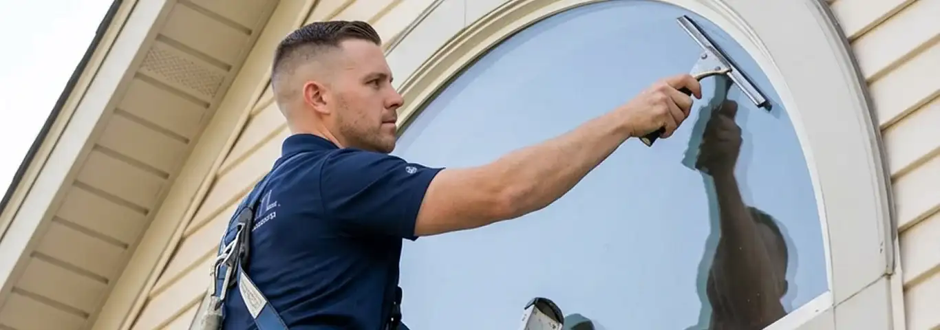 Professional window cleaner using a squeegee to clean an exterior arched window on a home, Cleveland, OH.