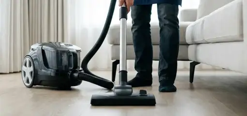 Professional house cleaner vacuuming a living room floor with a canister vacuum cleaner, Cleveland, OH.
