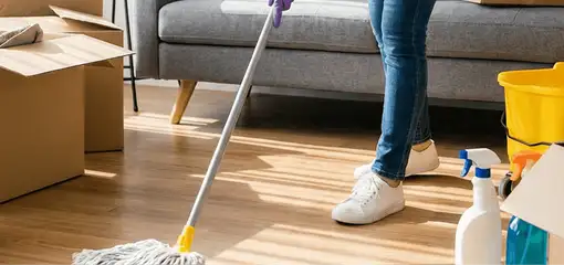 Move-out cleaning setup with a cleaner mopping hardwood floors near moving boxes and cleaning supplies, Cleveland, OH.