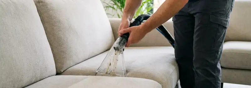Technician extracting dirt and moisture from a fabric sofa with an upholstery cleaning wand, Cleveland, OH.