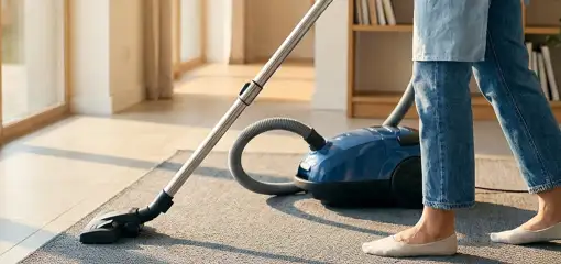 Person vacuuming a living room rug with a canister vacuum cleaner near large windows, Cleveland, OH.